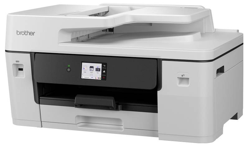 Ein weißer multifunktionaler Bürodrucker mit digitalem Anzeigebildschirm, Papierzuführung oben und Ausgabefach unten.