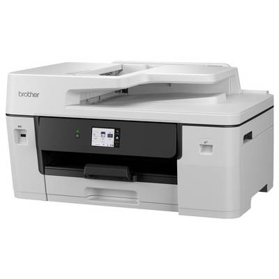 Ein weißer multifunktionaler Bürodrucker mit digitalem Anzeigebildschirm, Papierzuführung oben und Ausgabefach unten.