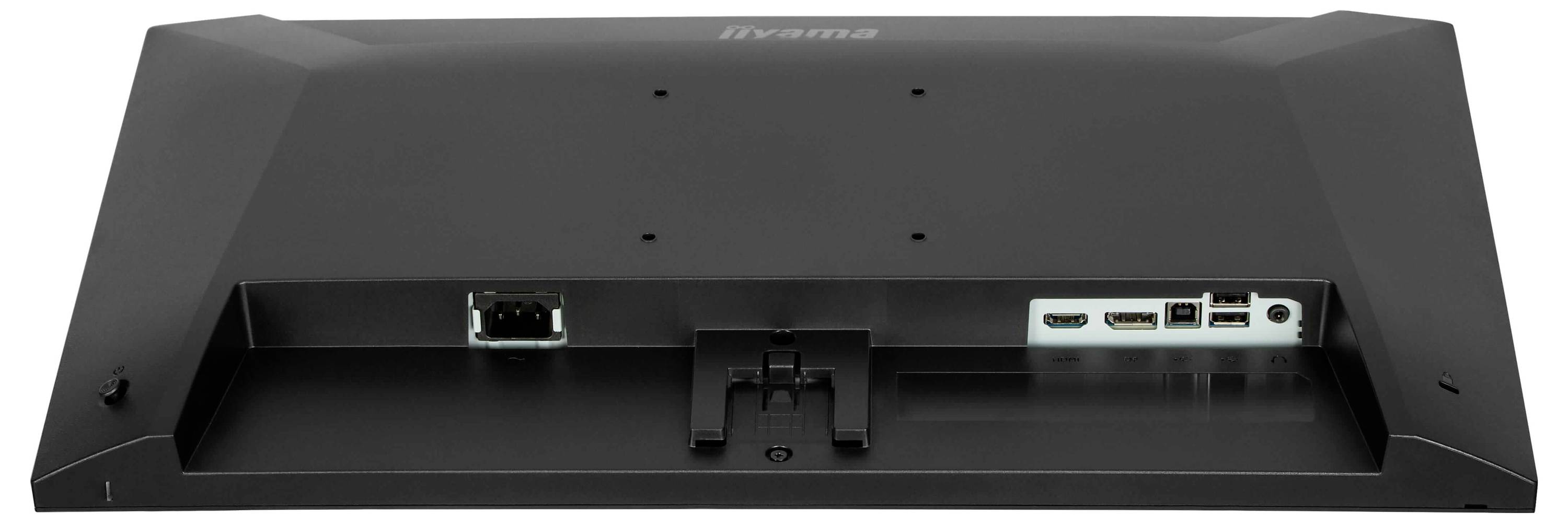 Rückansicht eines Monitors mit Anschlüssen, einschließlich eines Ethernet-Anschlusses, HDMI-Anschlüssen, USB-Anschlüssen und einem Stromstecker, die für die Konnektivität verwendet werden.