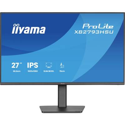 Monitor-Display mit Text: 'iiyama ProLite XB2793HSU' mit Spezifikationen: '27", 68,6cm, 1920x1080, IPS, schlanker Rahmen, 15cm'.