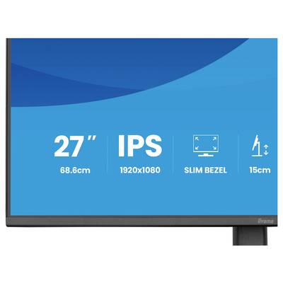 Frontansicht eines 27-Zoll-Monitors mit IPS-Display, 1920x1080-Auflösung, schmalem Rahmen und einem 15 cm höhenverstellbaren Ständer.