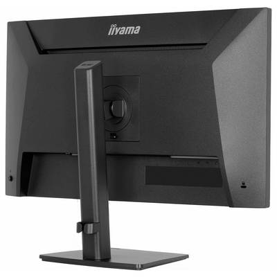 Ein schwarzer iiyama-Computermonitor von hinten betrachtet, der seinen Standfuß und verschiedene Anschlussanschlüsse zeigt.