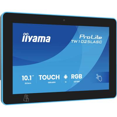Ein blauer 10,1-Zoll-Touchscreen-Display mit der Aufschrift „iiyama ProLite" Modell TW1025LASC mit Android-Kompatibilität und RGB-LED-Leiste.