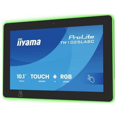 Tablet-Bildschirm mit Anzeige "iiyama ProLite TW1025LASC" mit Funktionen: 10,1"-Display, 1280x800-Auflösung, Android, RGB-LED-Leiste.