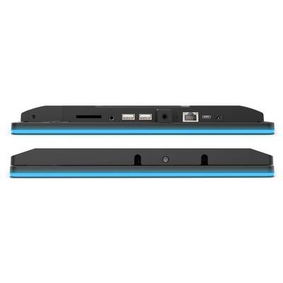 Zwei Ansichten eines schwarzen elektronischen Geräts: Vorderansicht mit leuchtender blauer Umrandung und Rückansicht mit Anschlüssen einschließlich USB, Ethernet und Ladeanschluss.