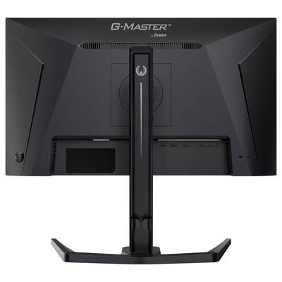 Ein schwarzer Gaming-Monitor von hinten betrachtet, mit einem zentralen Ständer und Anschlüssen darunter.