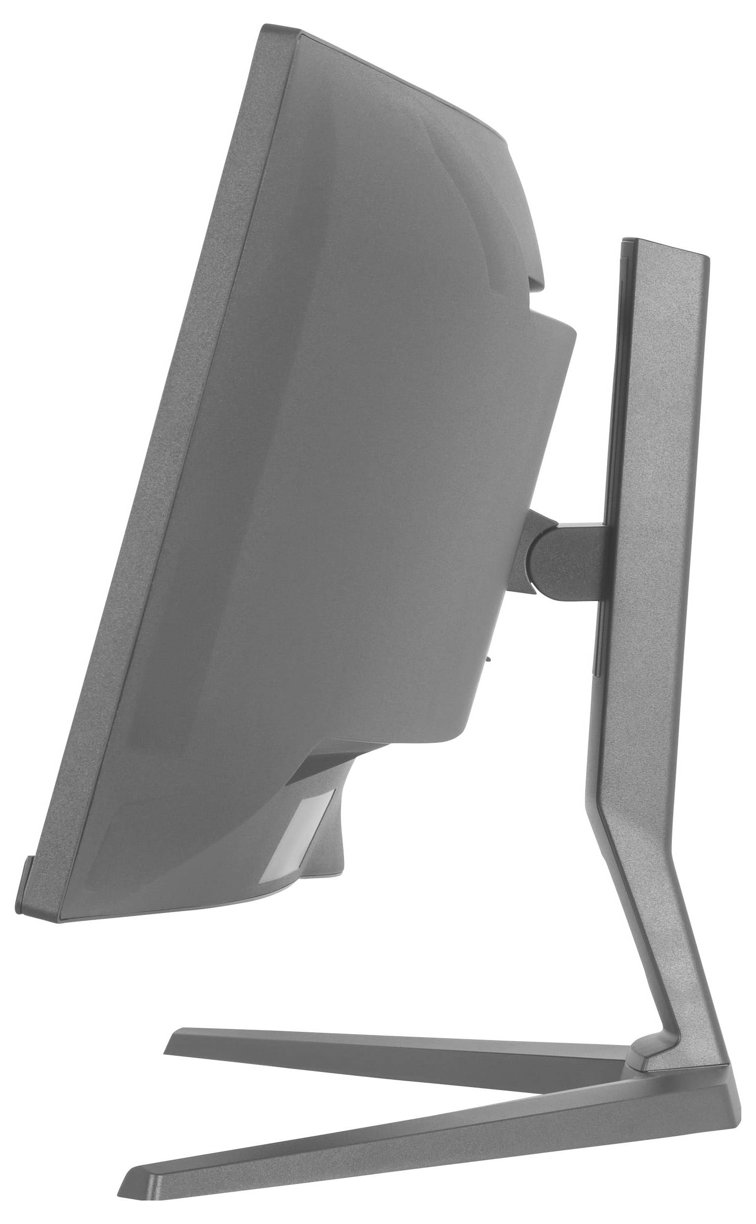 Eine Seitenansicht eines grauen Computermonitors auf einem Ständer, die sein dünnes Design und die verstellbare Neigungsfunktion hervorhebt.
