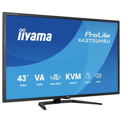 iiyama ProLite X4373UHSU Monitor mit 43-Zoll-4K-VA-Panel, Doppelmodus, KVM-Schalter, USB-C-Laden und 2x7W-Lautsprechern.