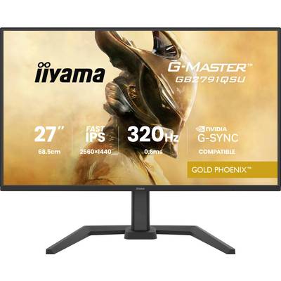 "iiyama G-Master GB2791QSU" Monitoranzeige mit detailliertem Artwork eines futuristischen Charakters. Wichtigste Spezifikationen: 27"-Bildschirm, 2560x1440-Auflösung, 320Hz Bildwiederholfrequenz, G-SYNC-kompatibel.