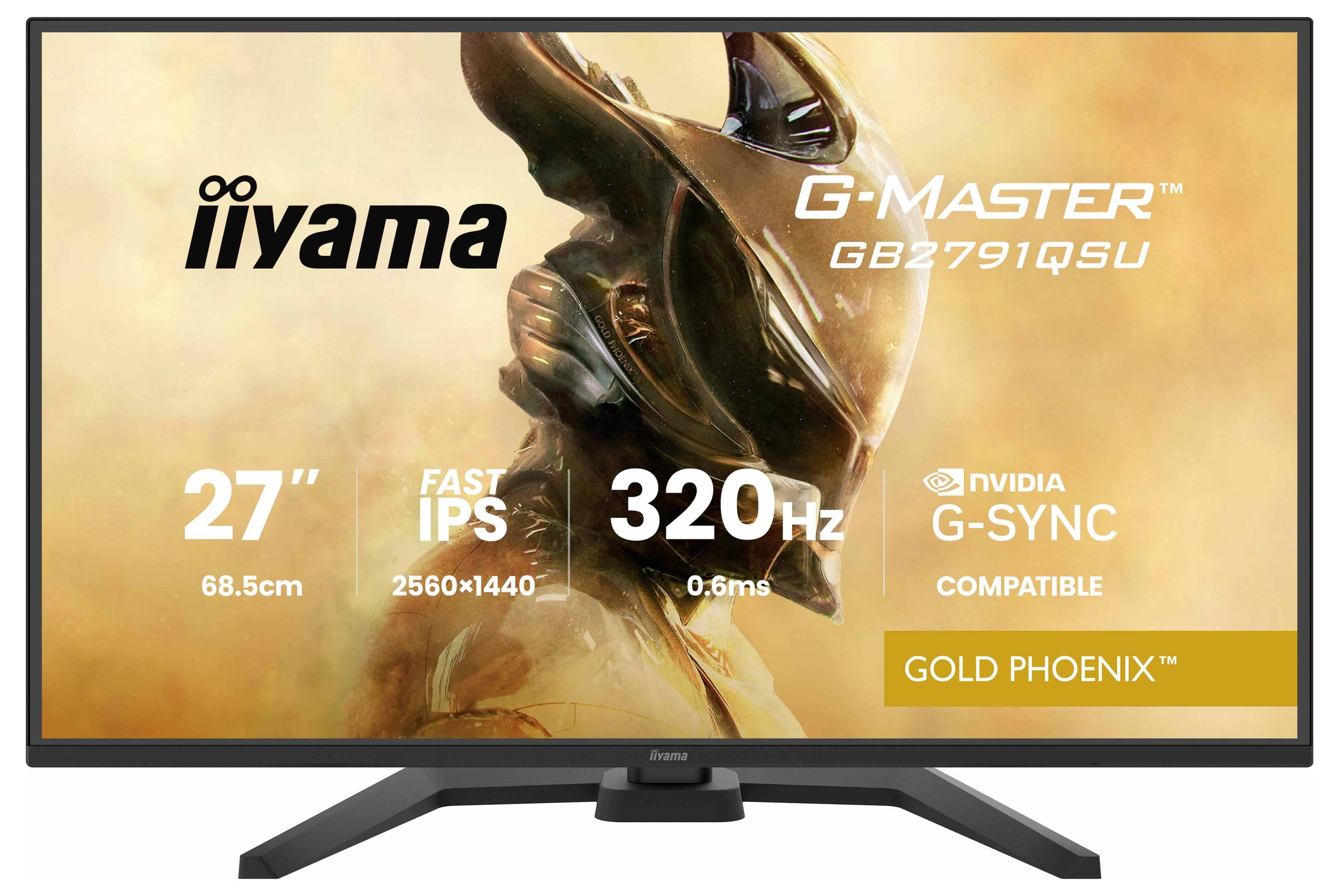 Monitor mit der Bezeichnung 'iiyama G-Master GB2791QSU Gold Phoenix', mit 27-Zoll-Bildschirm, 2560x1440-Auflösung, 320Hz und NVIDIA G-SYNC-Kompatibilität.