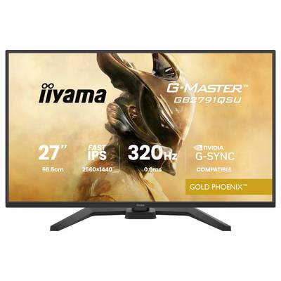 Monitor mit der Bezeichnung 'iiyama G-Master GB2791QSU Gold Phoenix', mit 27-Zoll-Bildschirm, 2560x1440-Auflösung, 320Hz und NVIDIA G-SYNC-Kompatibilität.