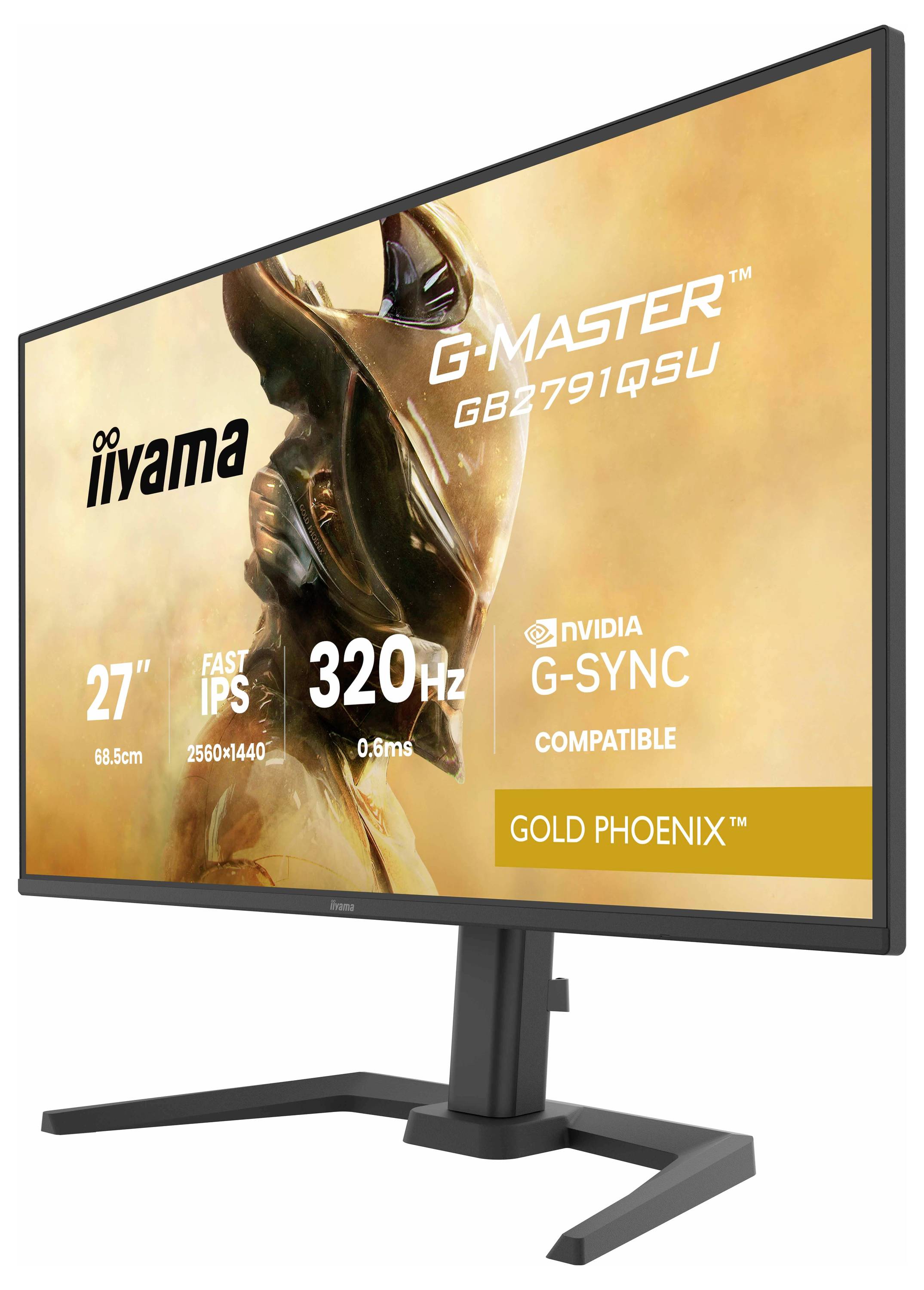 Ein Computermonitor, auf dem ein Bild einer futuristischen gepanzerten Figur mit dem Text „G-Master GB2791QSU, 27", 320Hz, NVIDIA G-SYNC kompatibel" angezeigt wird.