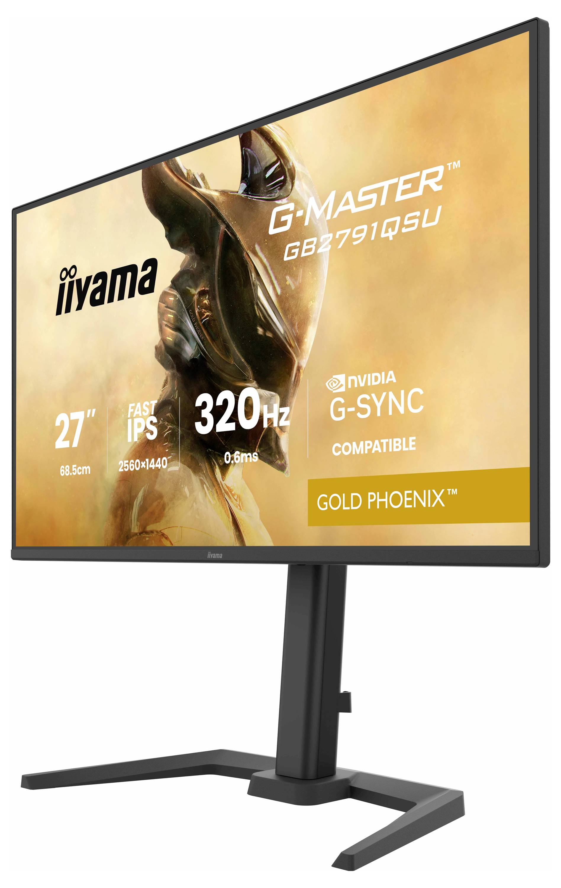 27-Zoll-Monitor mit futuristischem Krieger, beschriftet mit 'iiyama G-Master GB2791QSU', hebt Funktionen wie 320Hz, G-SYNC, 'Gold Phoenix' hervor.