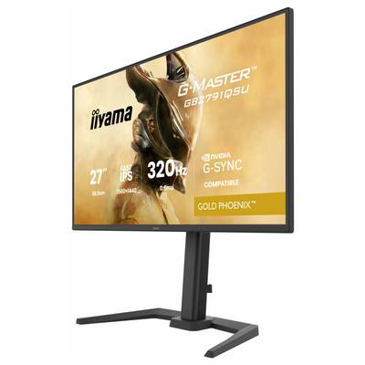 27-Zoll-Monitor mit futuristischem Krieger, beschriftet mit 'iiyama G-Master GB2791QSU', hebt Funktionen wie 320Hz, G-SYNC, 'Gold Phoenix' hervor.