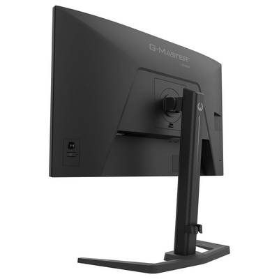Ein schwarzer Computermonitor mit schlankem Design, von hinten betrachtet, mit einem stabilen Ständer und mit dem Markenzeichen 'G-Master' versehen.