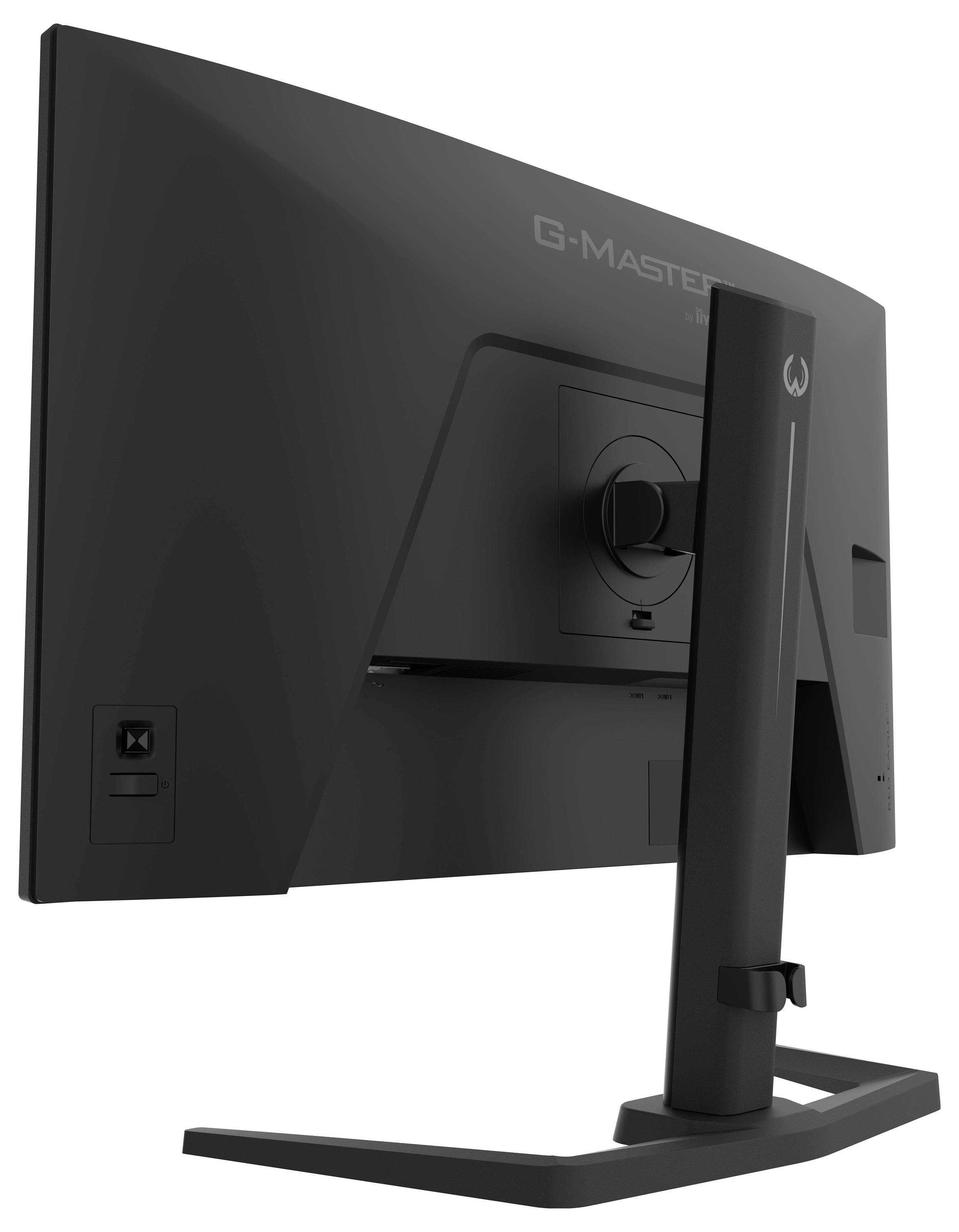 Ein schwarzer Computermonitor von hinten betrachtet, der seinen Standfuß und die Details der Rückwand zeigt. Der Markenname ist oben sichtbar.