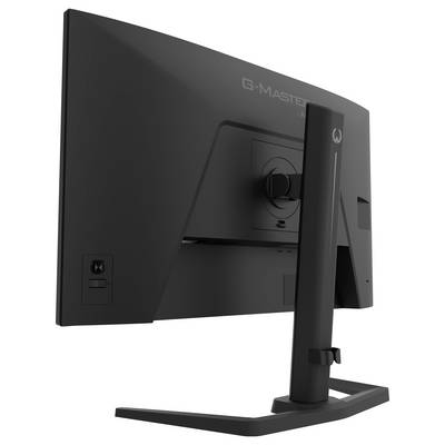 Ein schwarzer Computermonitor von hinten betrachtet, der seinen Standfuß und die Details der Rückwand zeigt. Der Markenname ist oben sichtbar.