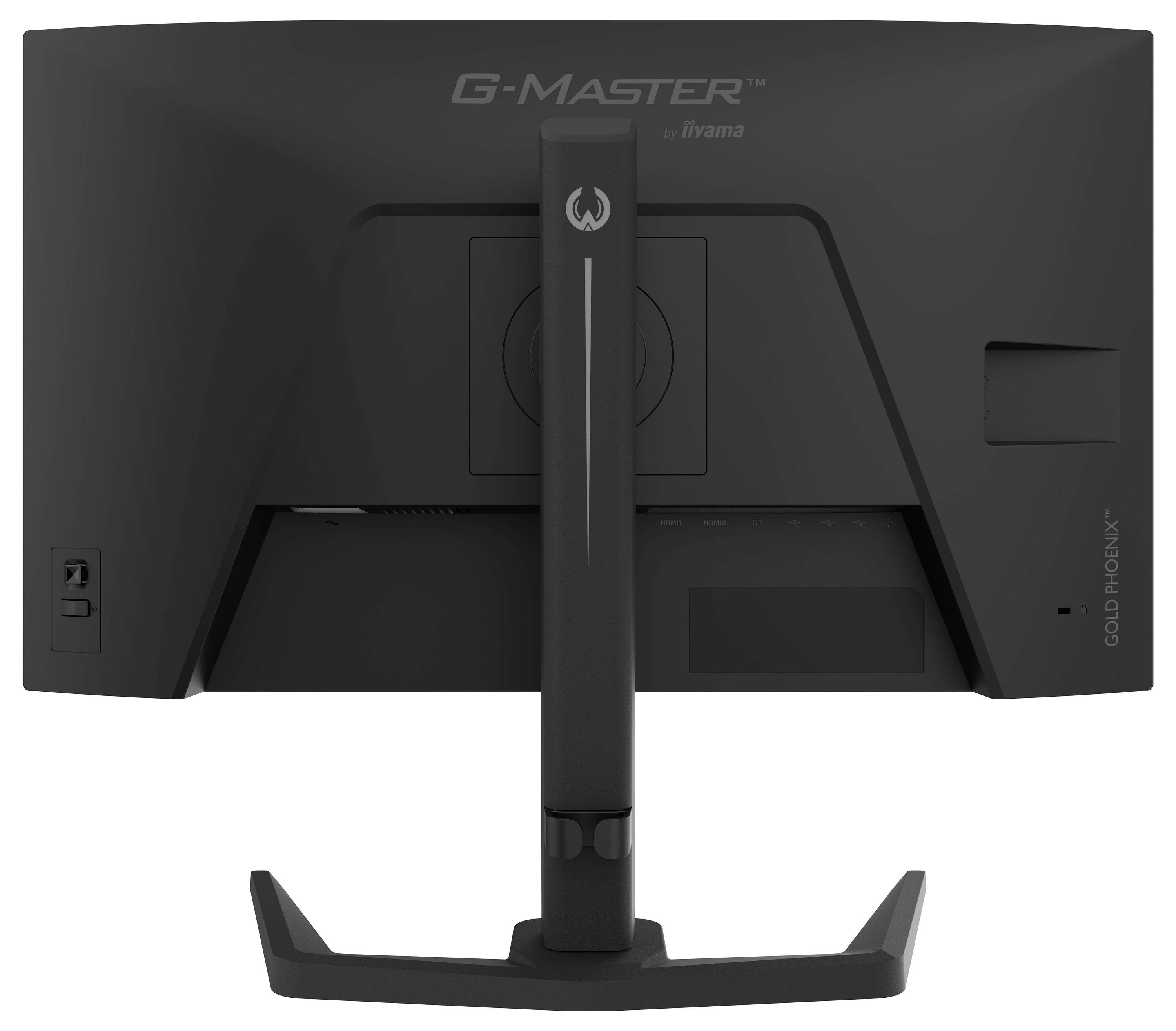 Die Rückansicht eines schwarzen Computermonitors auf einem Ständer von iiyama mit der Bezeichnung „G-Master".