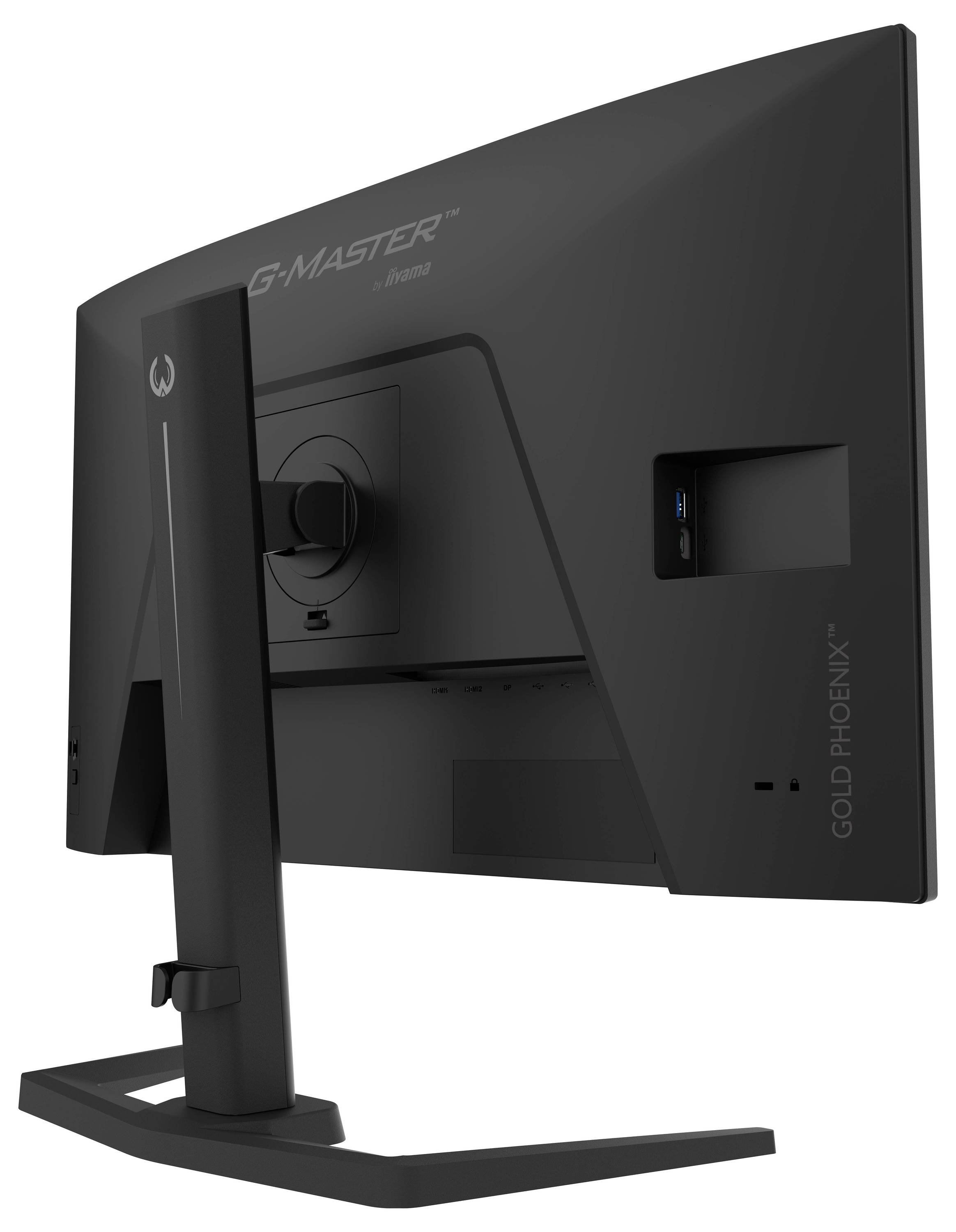 Rückansicht eines gekrümmten schwarzen Gaming-Monitors mit rechteckiger Basis, das ein "G-Master"-Logo oben und den Text "Gold Phoenix" zeigt.