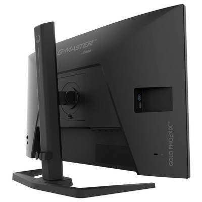 Ein schwarzer Computermonitor von hinten betrachtet, der seinen Ständer zeigt und auf der Rückseite den Text "G-Master Gold Phoenix" aufweist.