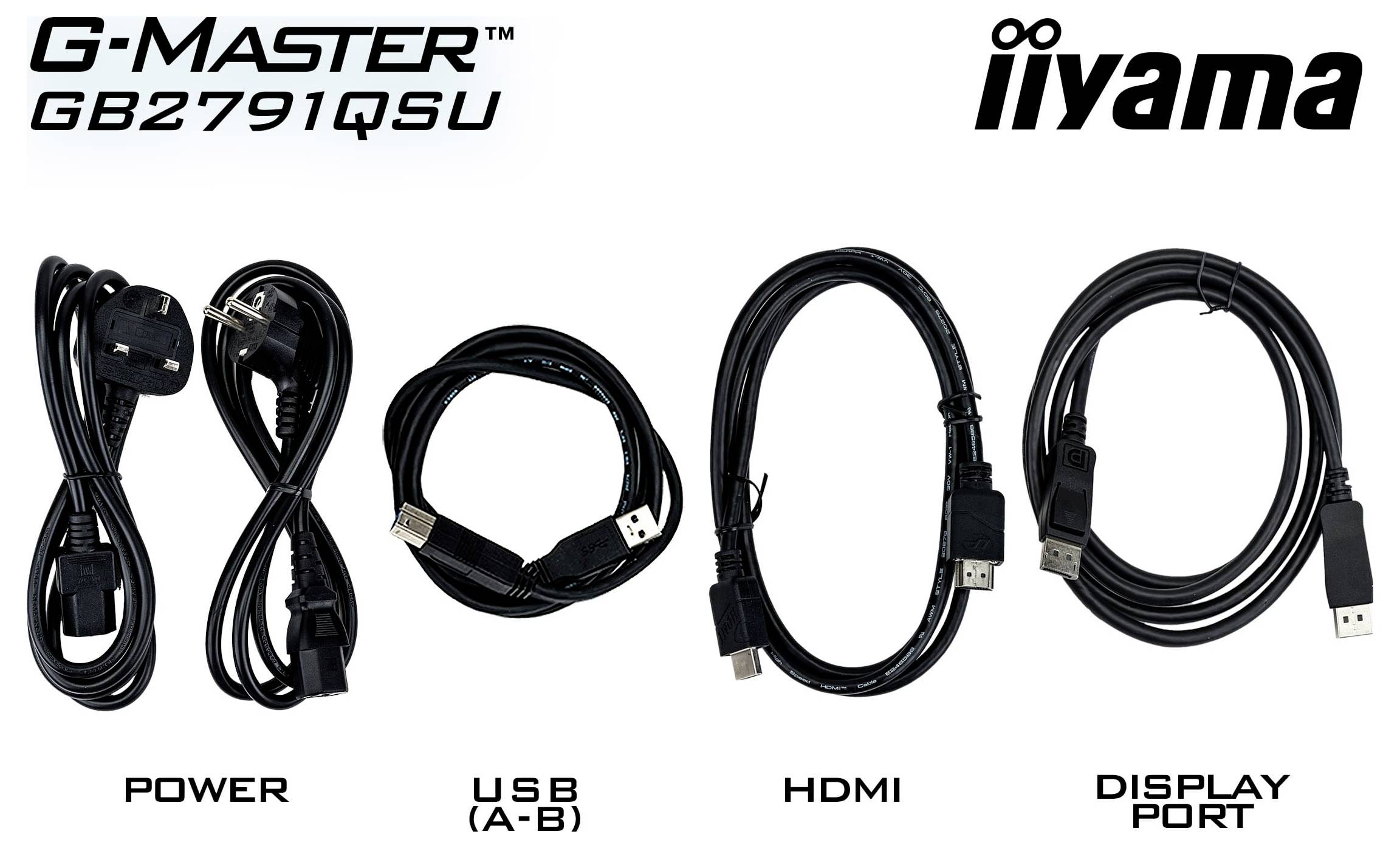 „G-Master GB2791QSU iiyama" Monitor-Kabel: Stromversorgung, USB (A-B), HDMI und DisplayPort werden angezeigt und sind unter jedem Kabel beschriftet.