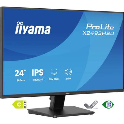 Ein Monitorbildschirm, auf dem der Text 'iiyama ProLite X2493HSU' angezeigt wird, mit IPS-Technologie, schmalem Rahmen und einer Bildschirmgröße von 24 Zoll.