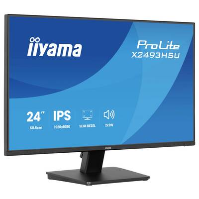 Monitor mit angezeigten Spezifikationen: „24" IPS, 1920x1080, Slim Bezel, 2x2W Lautsprecher". Modell "iiyama ProLite X2493HSU".