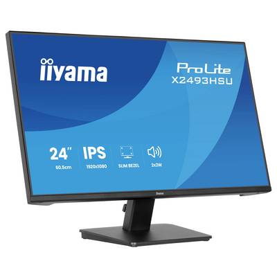 Monitor mit der Anzeige "iiyama ProLite X2493HSU" auf dem Bildschirm, verfügt über eine Größe von 24", 1920x1080 Auflösung, IPS-Panel, schlankes Rahmendesign.