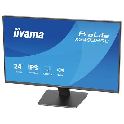 Ein Breitbildmonitor zeigt „iiyama ProLite X2493HSU" mit folgenden Eigenschaften: 24 Zoll, IPS, 1920x1080 Auflösung, schmaler Rahmen, 2x2W-Lautsprecher.