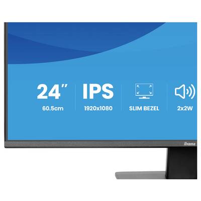 Ein Monitorbildschirm mit Spezifikationen: „24" (60,5cm), IPS, 1920x1080, schmaler Rahmen, 2x2W Lautsprecher".