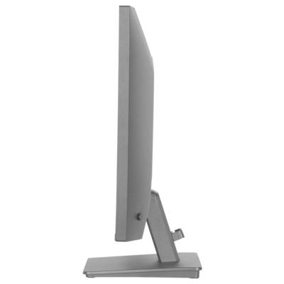 Eine Seitenansicht eines modernen, schlanken Computermonitors mit silbernem Ständer, die sein dünnes Profil zeigt.