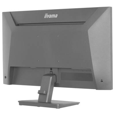 Rückseite eines grauen Computermonitors mit rechteckigem Ständer, zeigt Anschlüsse und ein Markenlogo oben.