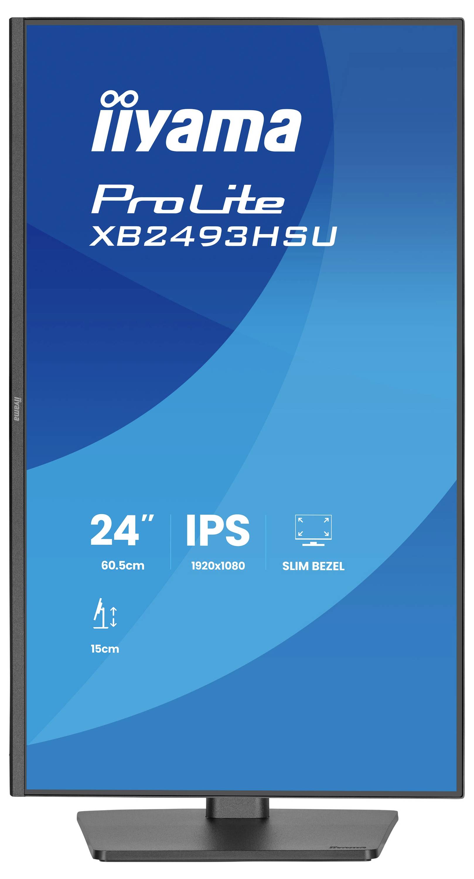Ein Monitor zeigt den Text: „iiyama ProLite XB2493HSU, 24 Zoll, 60,5 cm, 1920x1080, IPS, Slim Bezel"; gibt die Bildschirmgröße und Funktionen an.