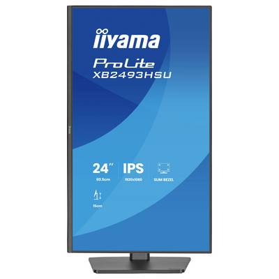 Ein Monitor zeigt den Text: „iiyama ProLite XB2493HSU, 24 Zoll, 60,5 cm, 1920x1080, IPS, Slim Bezel"; gibt die Bildschirmgröße und Funktionen an.