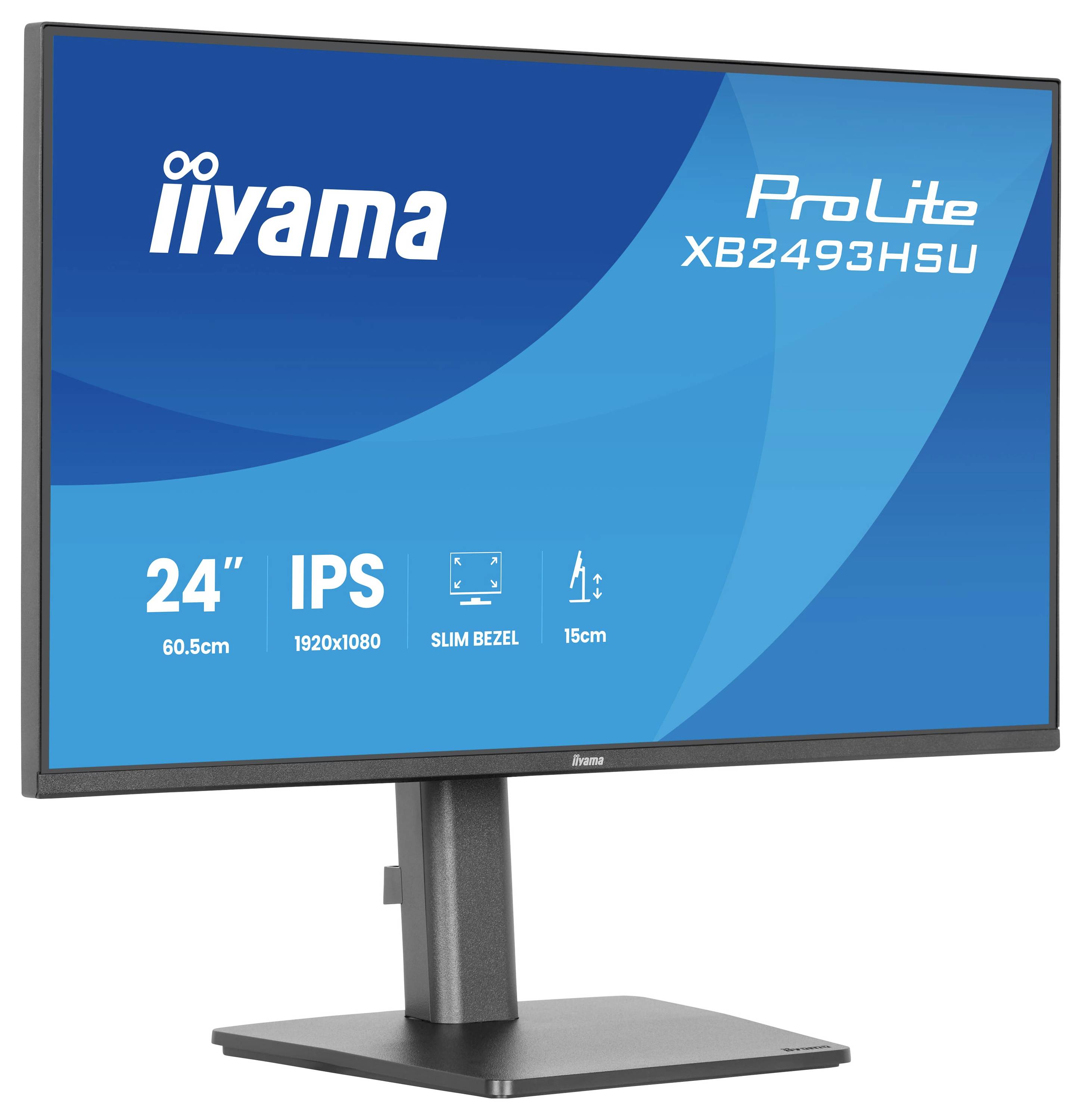 "ProLite XB2493HSU" Text auf blauem, geschwungenem Hintergrund.