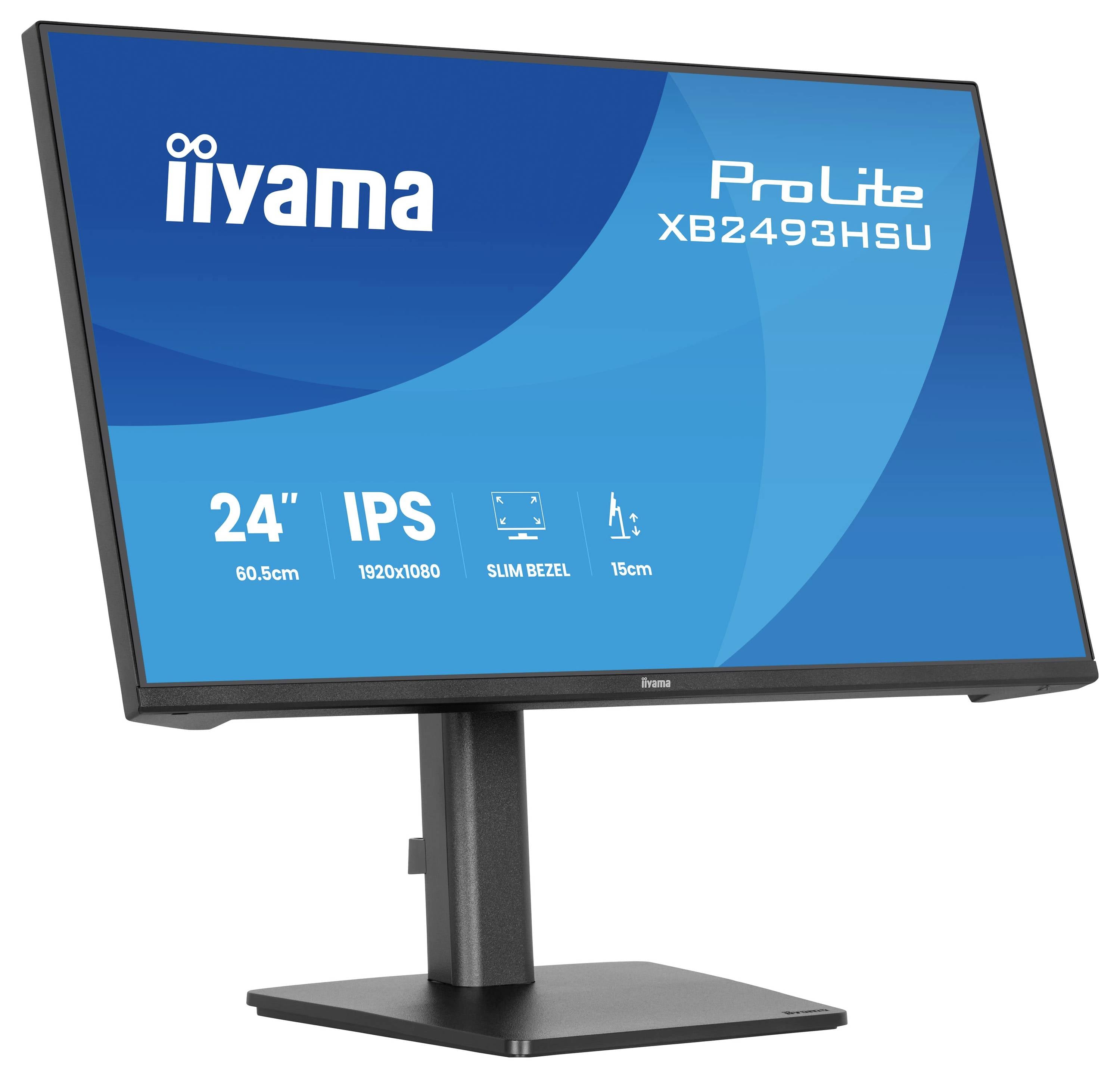 Ein 24-Zoll-Monitor auf einem Ständer mit blauem Bildschirm, auf dem „iiyama ProLite XB2493HSU", „IPS", „1920x1080", „Slim Bezel" angezeigt werden.