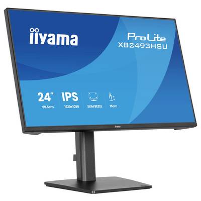 Ein 24-Zoll-Monitor auf einem Ständer mit blauem Bildschirm, auf dem „iiyama ProLite XB2493HSU", „IPS", „1920x1080", „Slim Bezel" angezeigt werden.