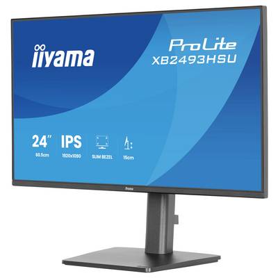 „ProLite XB2493HSU Monitor" wird auf dem Bildschirm angezeigt. Eigenschaften: 24 Zoll, IPS, 1920x1080 Auflösung, schmaler Rahmen, 15cm Verstellbarkeit. Markenlogo oben links.