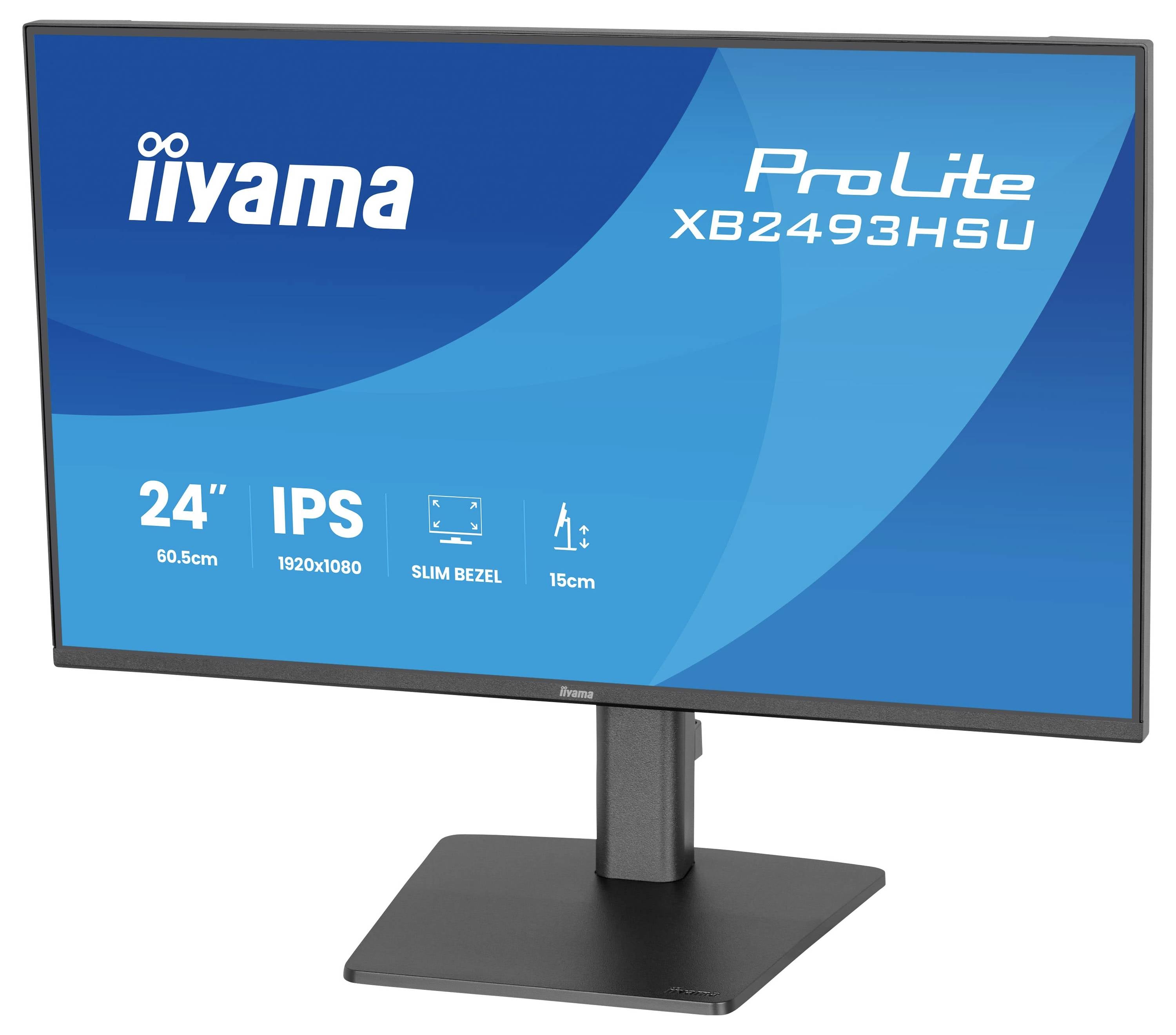 Ein Computermonitor wird angezeigt, der die Marke „iiyama" und das Modell „ProLite XB2493HSU" zeigt. Merkmale: 24"-Größe, 1920x1080-Auflösung, schmaler Rahmen.