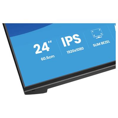 „Computermonitor-Ecke zeigt „24" 60,5 cm," „IPS 1920x1080," und „Schmaler Rahmen" auf dem Bildschirm."