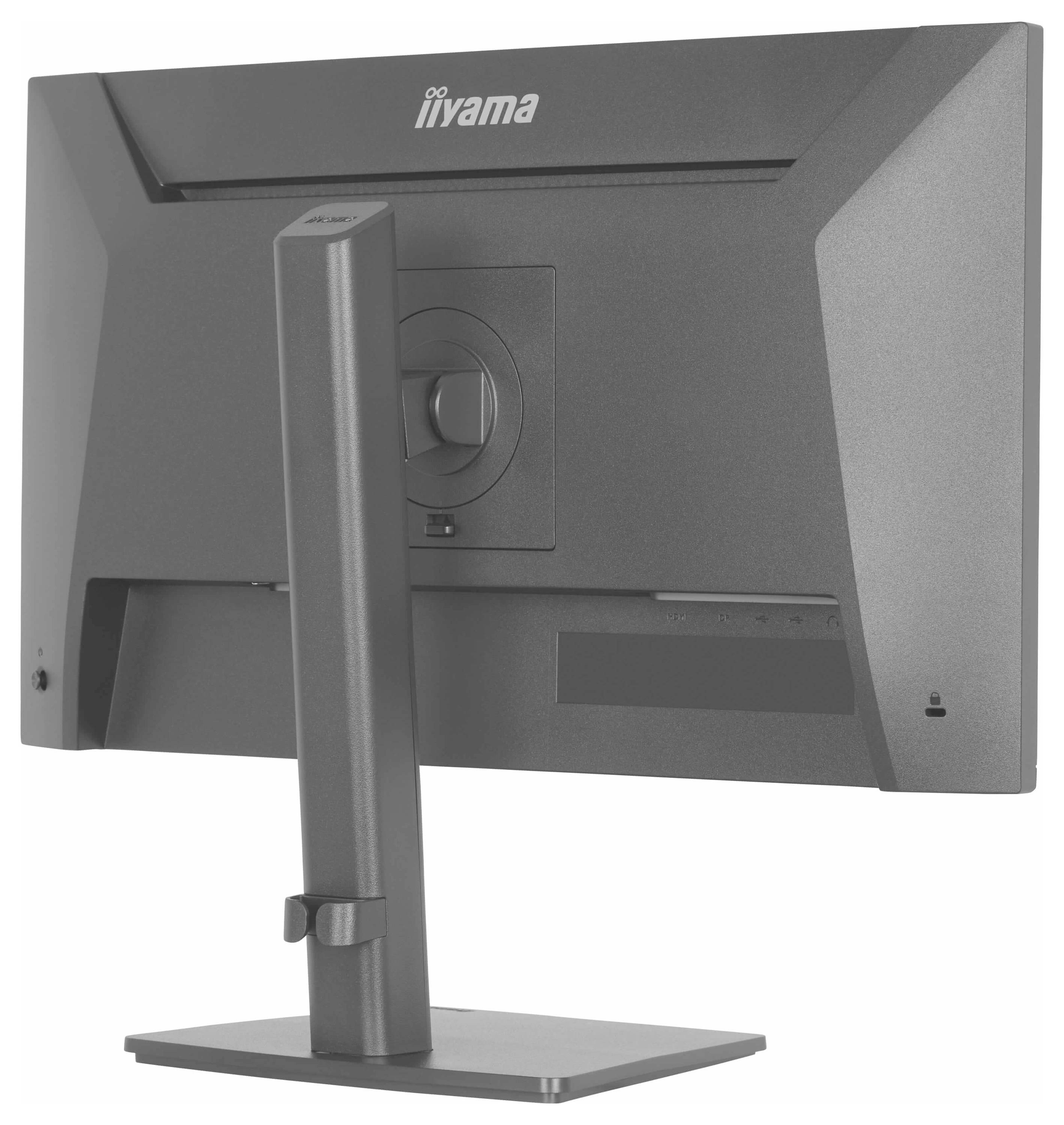 Ein von hinten betrachteter Computermonitor, der einen verstellbaren Ständer und verschiedene Anschlüsse zeigt.