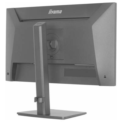 Ein von hinten betrachteter Computermonitor, der einen verstellbaren Ständer und verschiedene Anschlüsse zeigt.