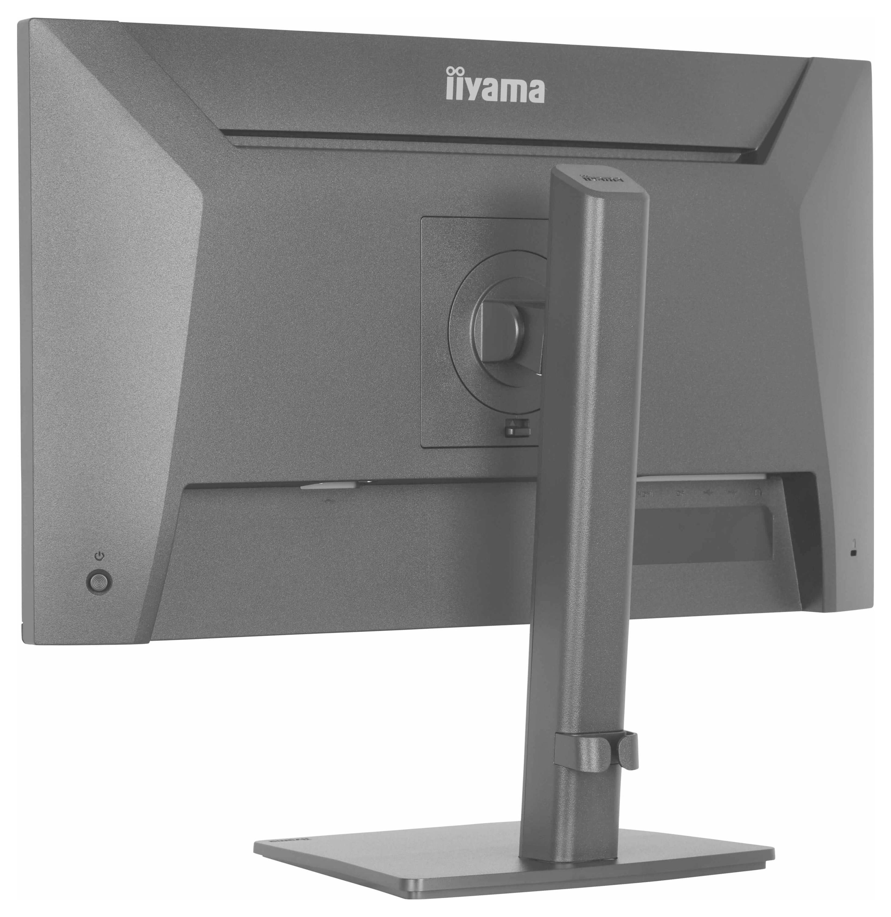 'Rückansicht eines grauen iiyama-Monitors auf einem Ständer, der seinen verstellbaren Arm und die Halterung zeigt, auf einer flachen Basis positioniert.'
