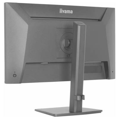 'Rückansicht eines grauen iiyama-Monitors auf einem Ständer, der seinen verstellbaren Arm und die Halterung zeigt, auf einer flachen Basis positioniert.'