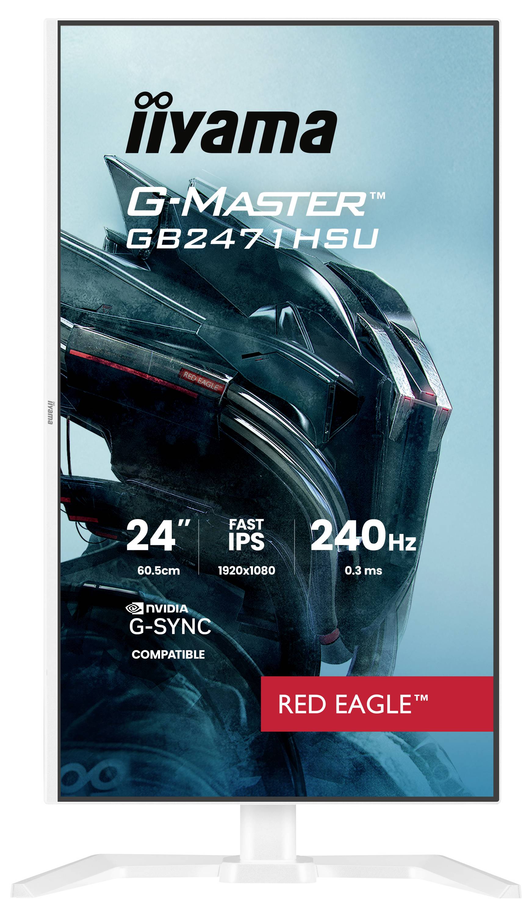Die Abbildung zeigt eine Produktwerbung für den Monitor 'iiyama G-Master GB2471HSU' mit folgenden Merkmalen: 24" Bildschirm, 240Hz Bildwiederholfrequenz, Fast IPS, G-Sync kompatibel.