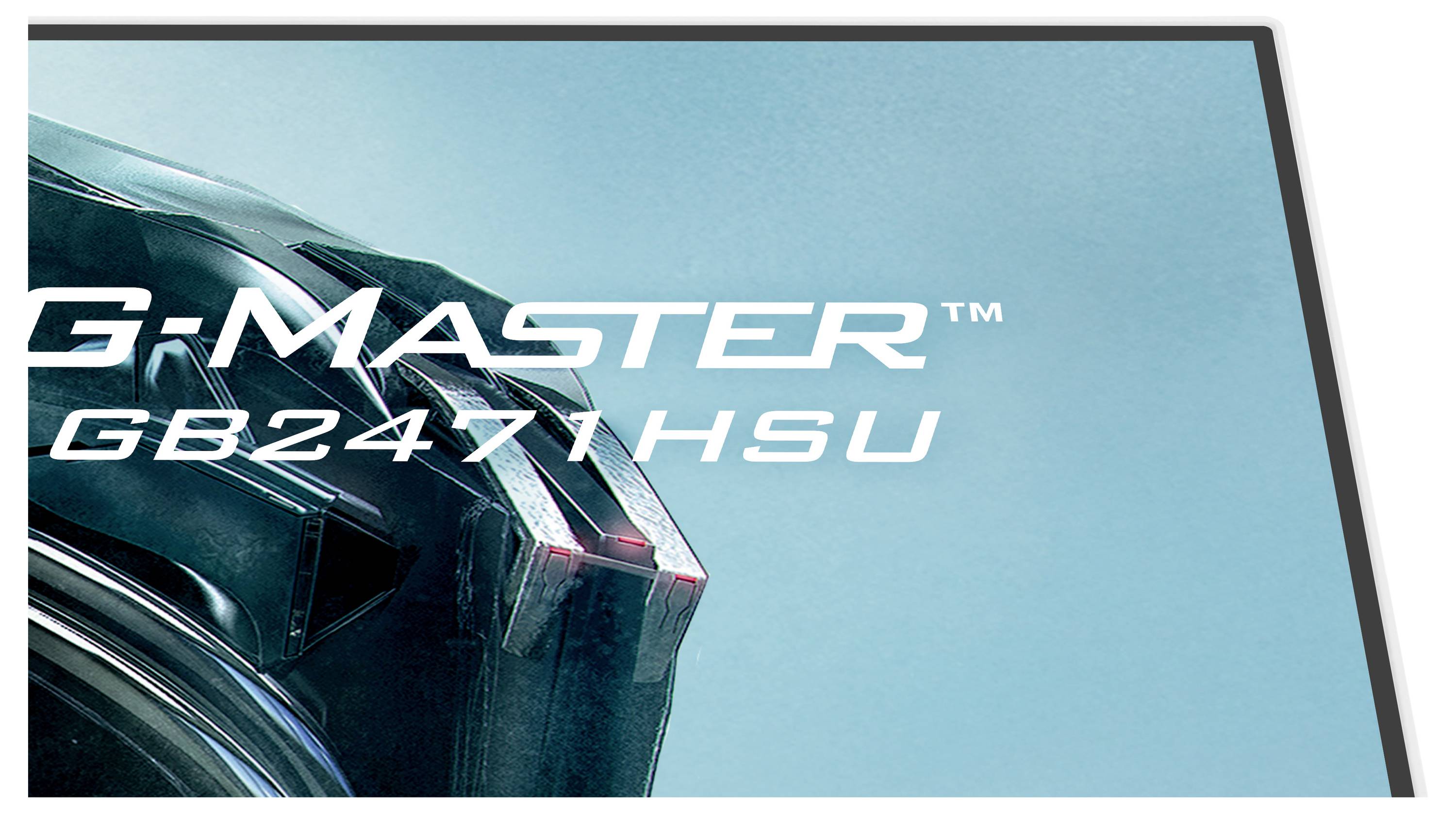 „G-Master GB2471HSU" Text auf einem stilisierten blau-schwarzen Hintergrund mit einem futuristischen Designelement.