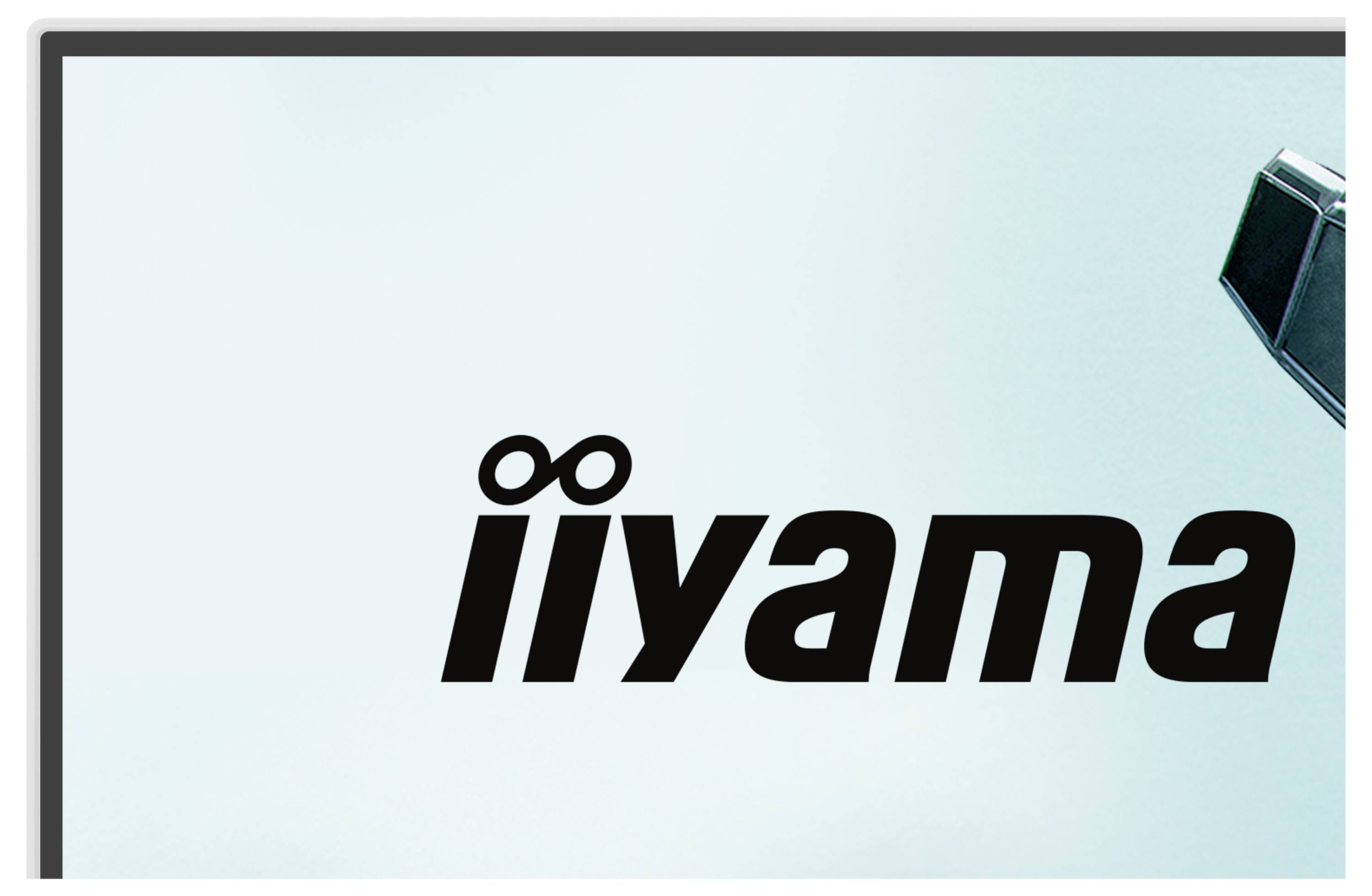 Das Bild zeigt das "iiyama"-Logo auf hellblauem Hintergrund mit einer Teilansicht eines Monitors in der oberen rechten Ecke.