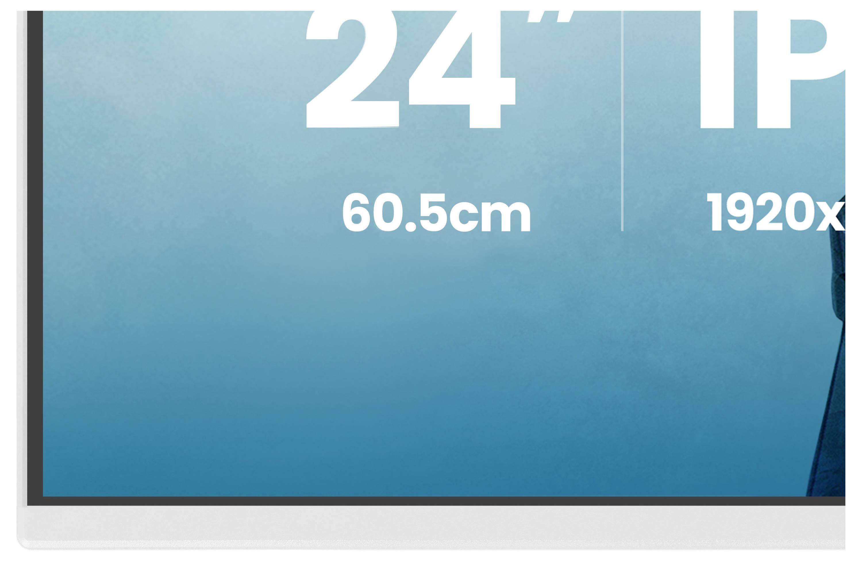 „24", 60,5cm, 1920x" in weißer Schrift auf blauem Farbverlauf angezeigt, wahrscheinlich Teil einer Monitor- oder Bildschirmanzeige.