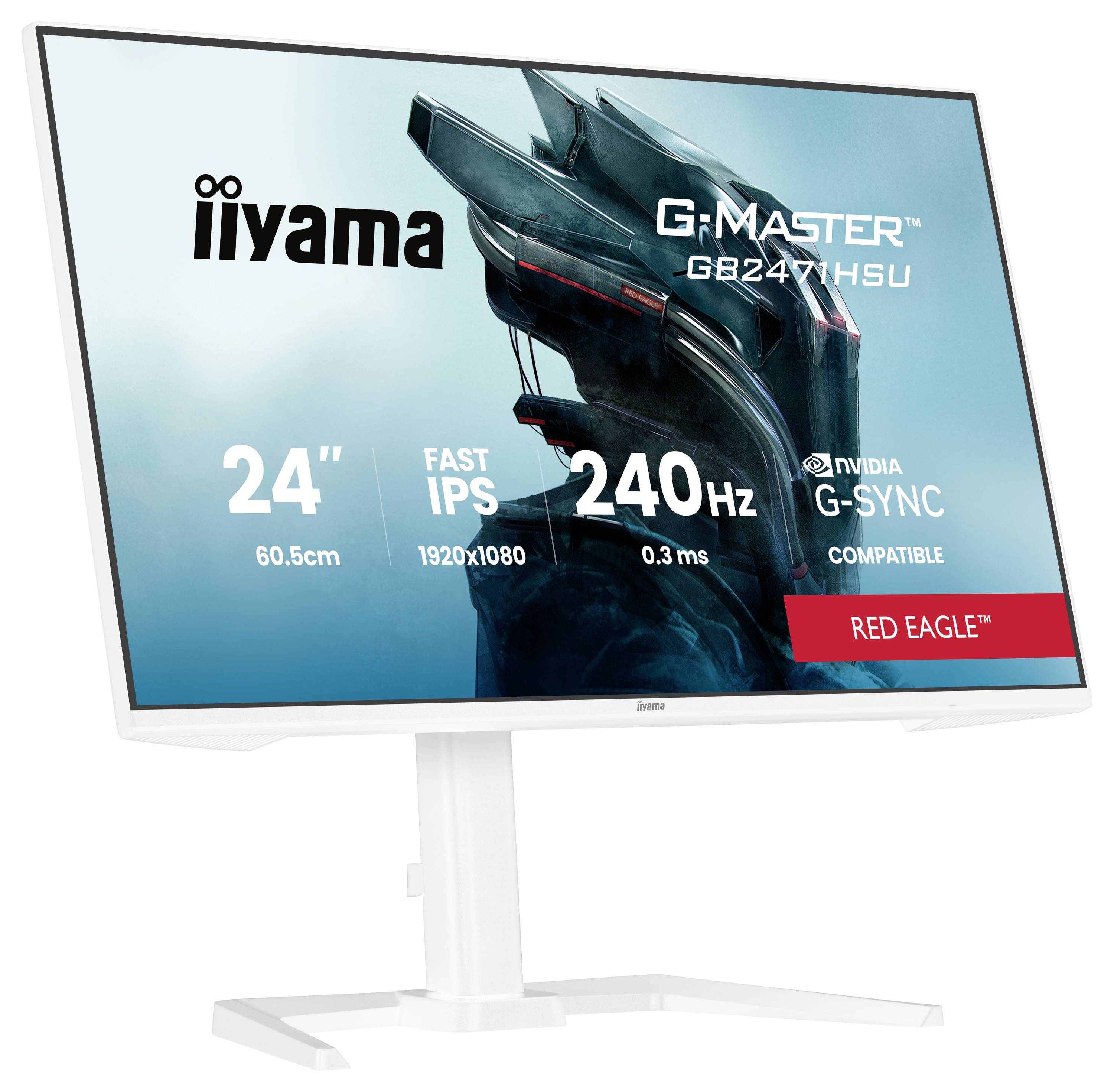 Computermonitor zeigt Werbebild für den „iiyama G-Master GB2474HSU" mit hervorgehobenen Funktionen: 24" Größe, 240Hz, 0,3ms.