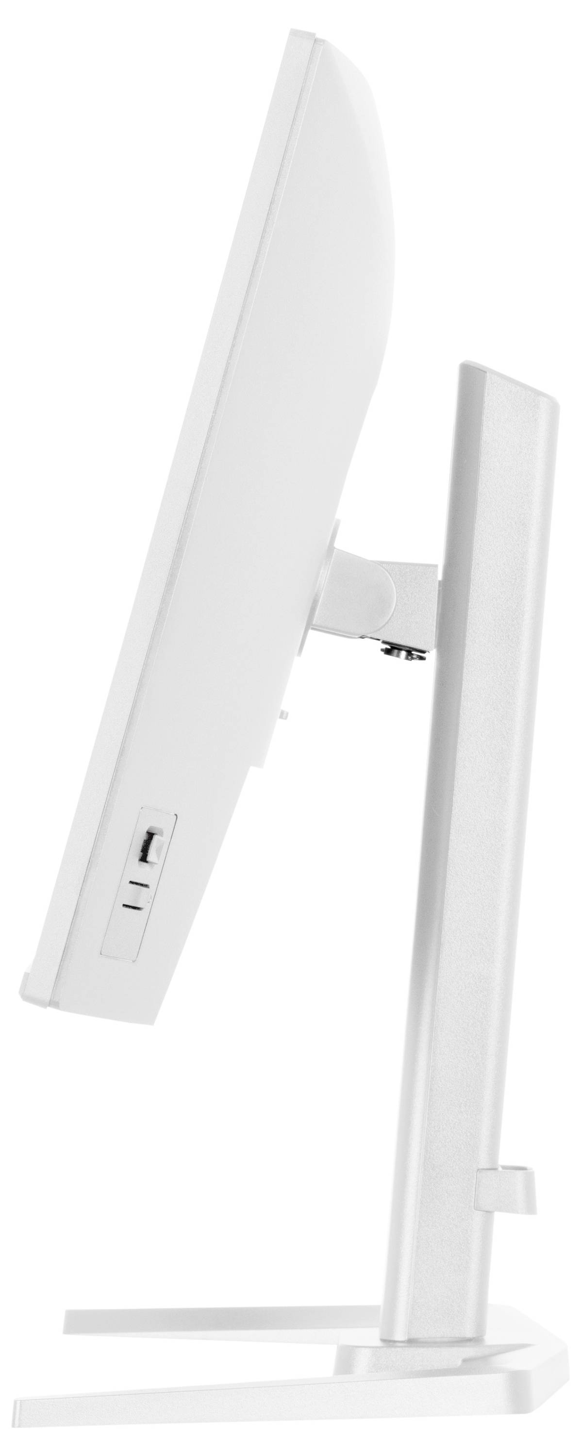Ein schlanker, weißer Computermonitor von der Seite betrachtet, der sein dünnes Profil und seinen verstellbaren Ständer zeigt.
